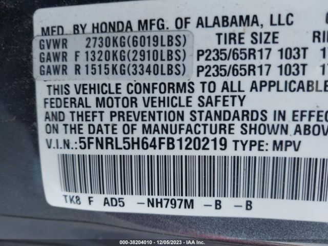 Photo 8 VIN: 5FNRL5H64FB120219 - HONDA ODYSSEY 