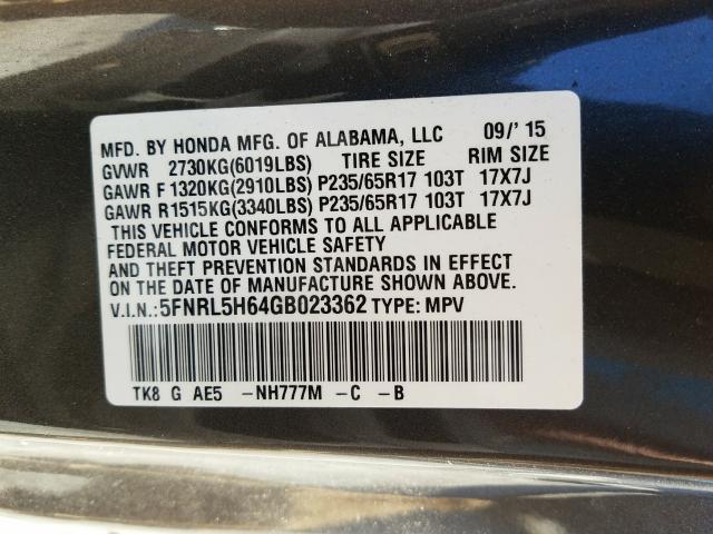 Photo 9 VIN: 5FNRL5H64GB023362 - HONDA ODYSSEY EX 