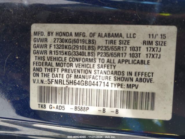 Photo 8 VIN: 5FNRL5H64GB044714 - HONDA ODYSSEY 