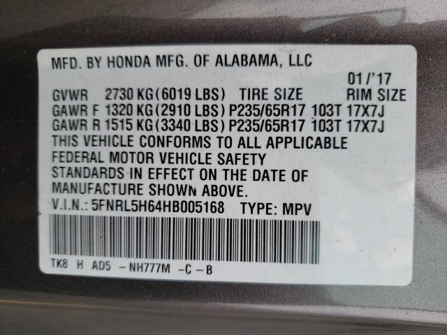 Photo 9 VIN: 5FNRL5H64HB005168 - HONDA ODYSSEY EX 