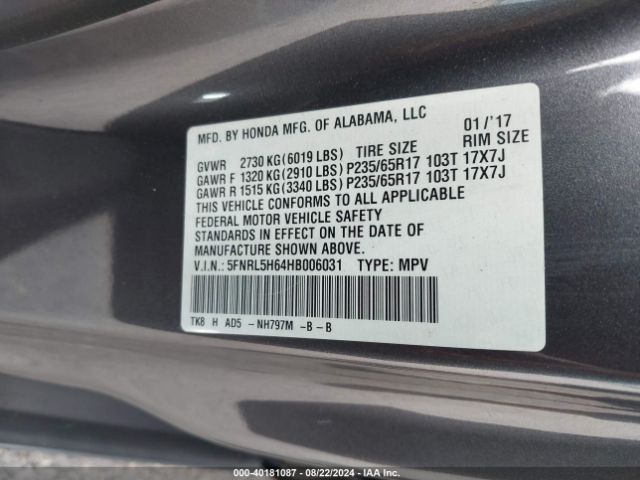 Photo 8 VIN: 5FNRL5H64HB006031 - HONDA ODYSSEY 