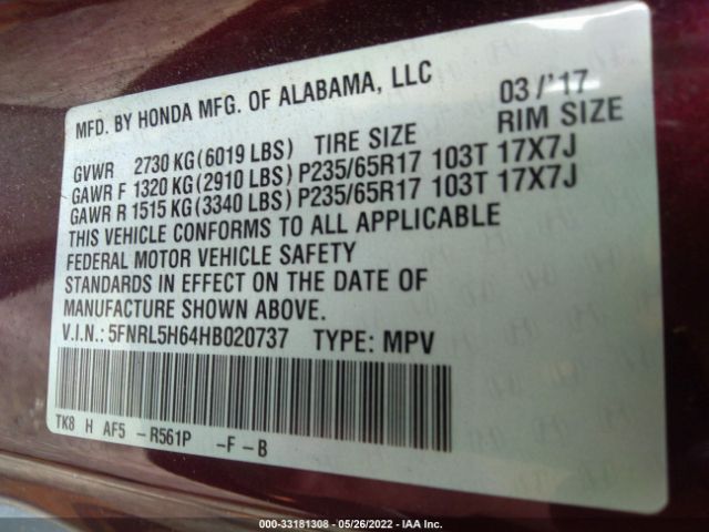 Photo 8 VIN: 5FNRL5H64HB020737 - HONDA ODYSSEY 