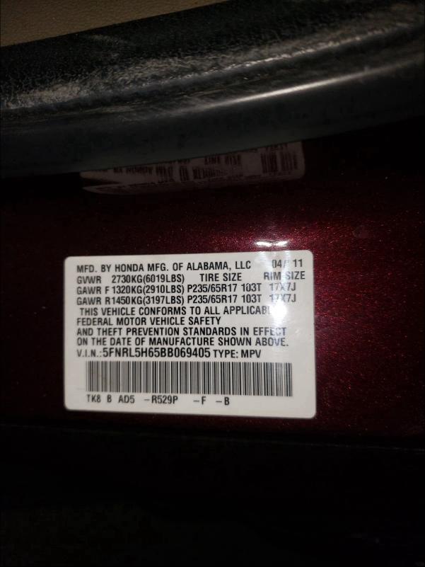 Photo 9 VIN: 5FNRL5H65BB069405 - HONDA ODYSSEY EX 