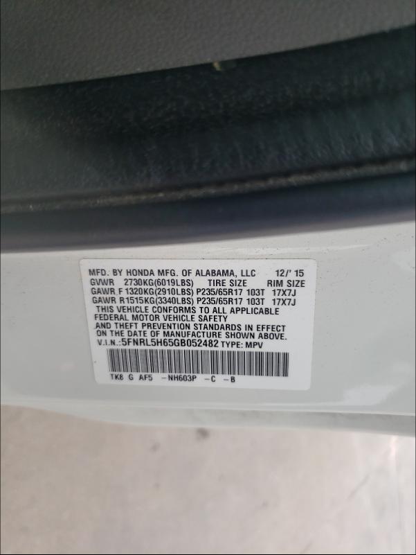 Photo 9 VIN: 5FNRL5H65GB052482 - HONDA ODYSSEY EX 