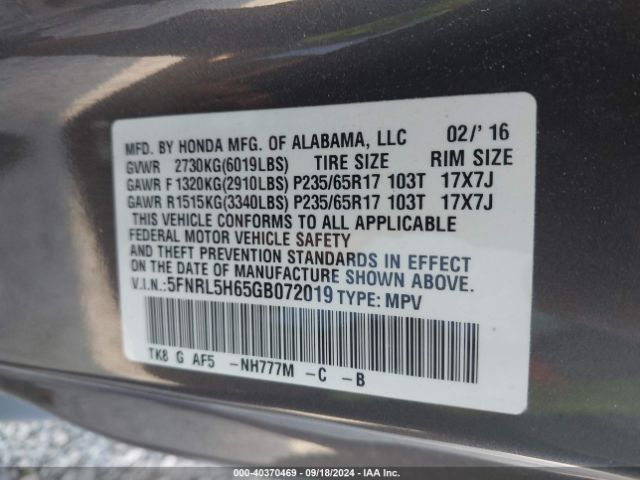 Photo 8 VIN: 5FNRL5H65GB072019 - HONDA ODYSSEY 