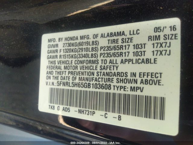 Photo 8 VIN: 5FNRL5H65GB103608 - HONDA ODYSSEY 