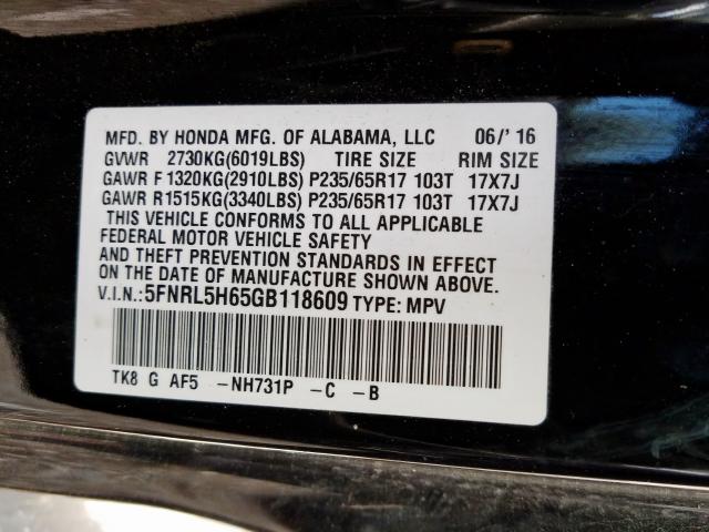 Photo 9 VIN: 5FNRL5H65GB118609 - HONDA ODYSSEY EX 