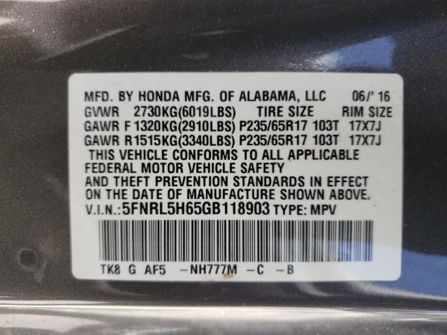 Photo 9 VIN: 5FNRL5H65GB118903 - HONDA ODYSSEY EX 