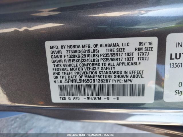 Photo 8 VIN: 5FNRL5H65GB136267 - HONDA ODYSSEY 