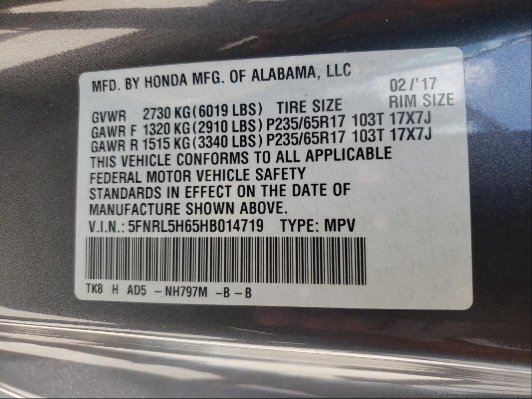 Photo 9 VIN: 5FNRL5H65HB014719 - HONDA ODYSSEY EX 