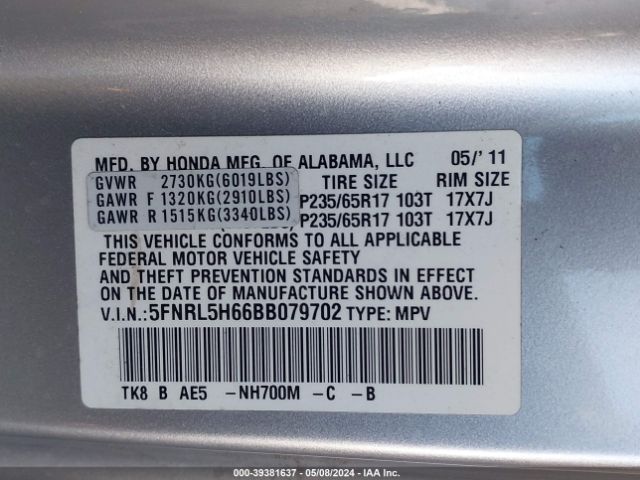 Photo 8 VIN: 5FNRL5H66BB079702 - HONDA ODYSSEY 