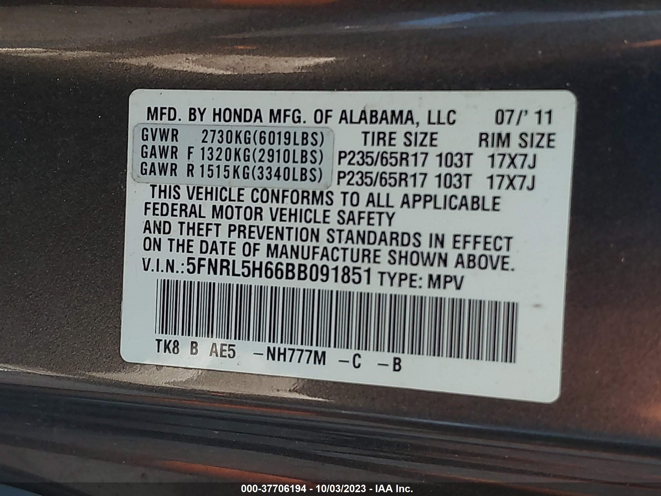 Photo 8 VIN: 5FNRL5H66BB091851 - HONDA ODYSSEY 