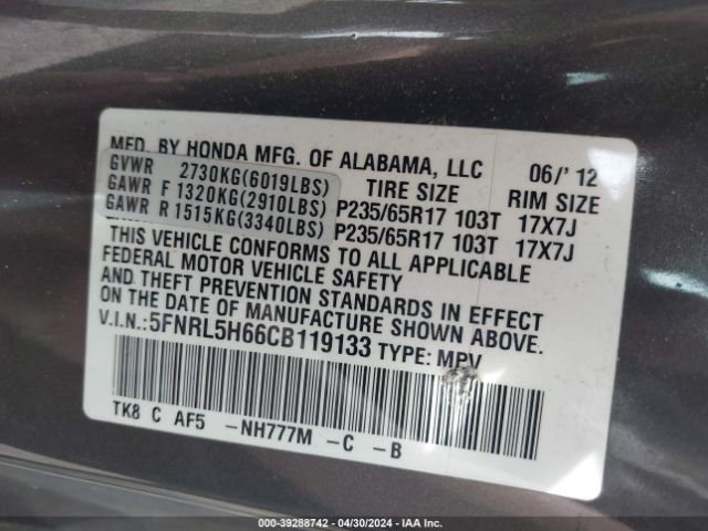 Photo 8 VIN: 5FNRL5H66CB119133 - HONDA ODYSSEY 