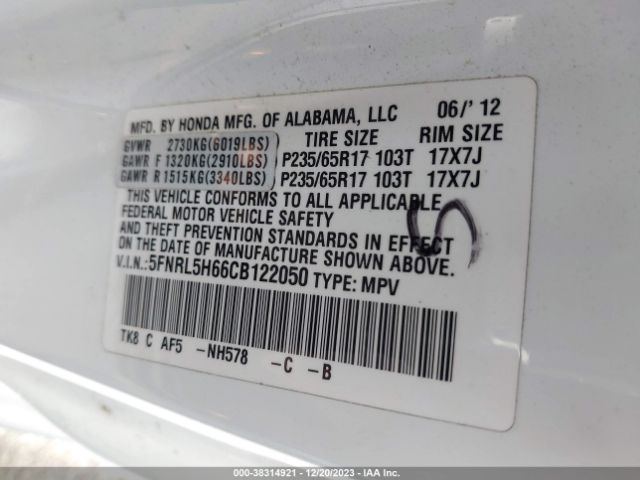 Photo 8 VIN: 5FNRL5H66CB122050 - HONDA ODYSSEY 