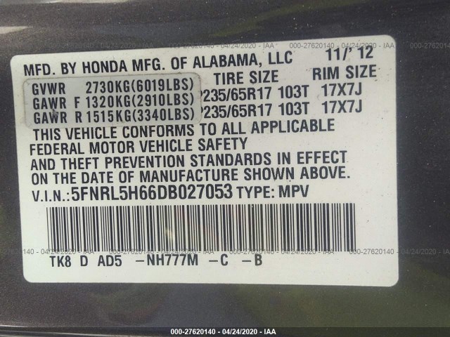 Photo 8 VIN: 5FNRL5H66DB027053 - HONDA ODYSSEY 