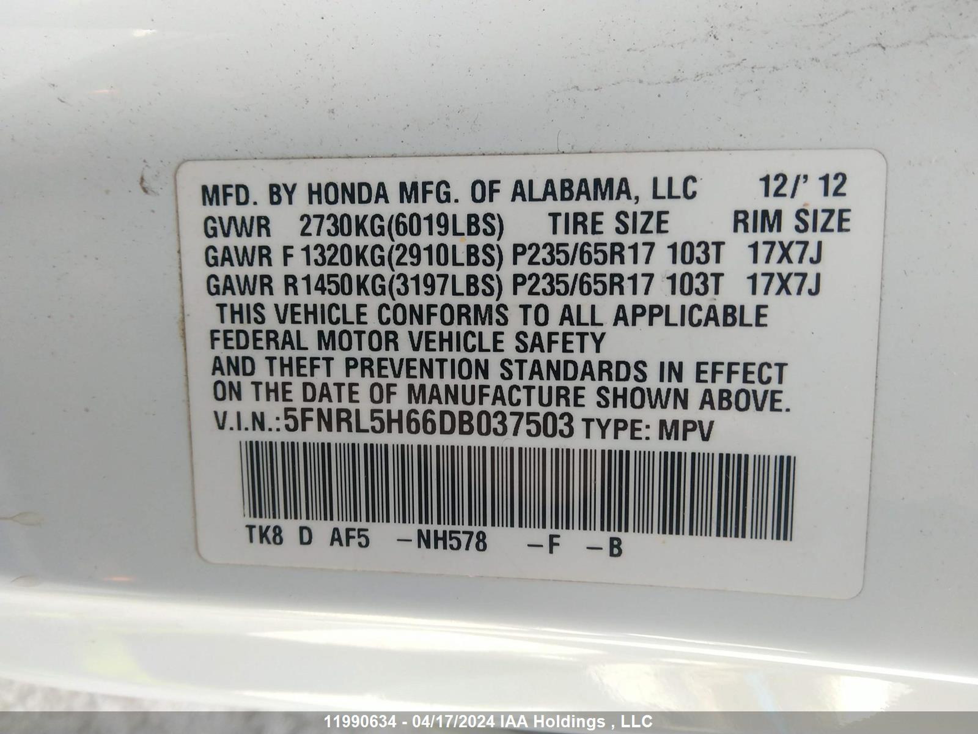 Photo 8 VIN: 5FNRL5H66DB037503 - HONDA ODYSSEY 