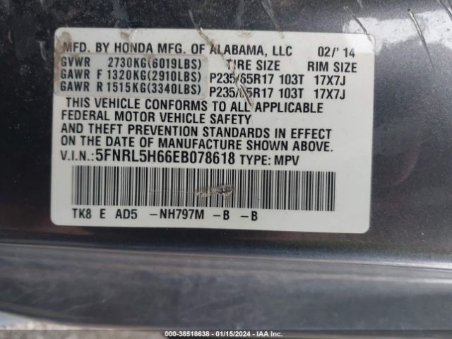 Photo 8 VIN: 5FNRL5H66EB078618 - HONDA ODYSSEY 