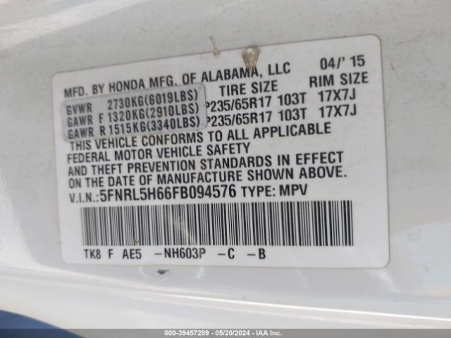 Photo 8 VIN: 5FNRL5H66FB094576 - HONDA ODYSSEY 