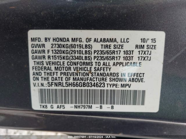 Photo 8 VIN: 5FNRL5H66GB034623 - HONDA ODYSSEY 