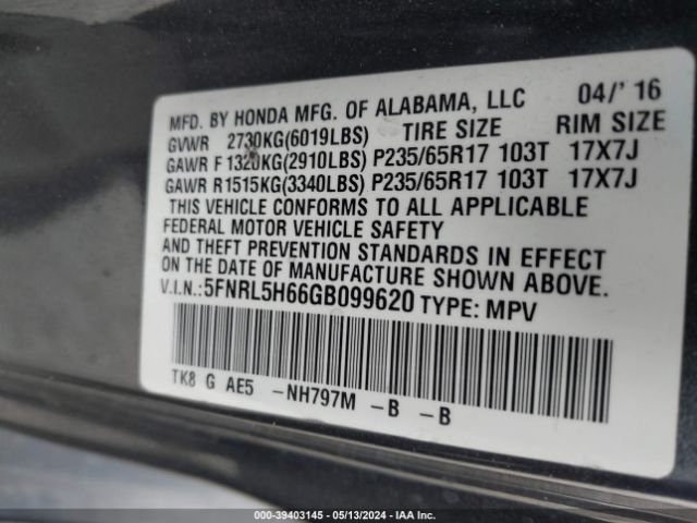 Photo 8 VIN: 5FNRL5H66GB099620 - HONDA ODYSSEY 