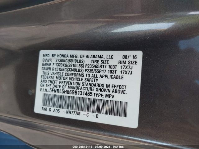 Photo 8 VIN: 5FNRL5H66GB131465 - HONDA ODYSSEY 