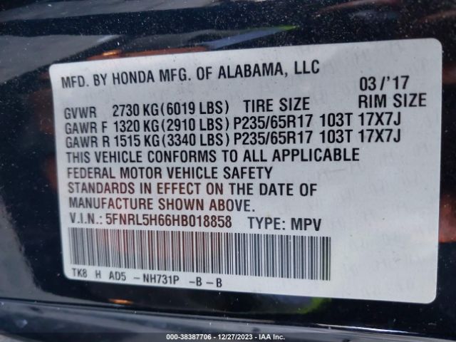 Photo 8 VIN: 5FNRL5H66HB018858 - HONDA ODYSSEY 