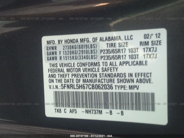 Photo 8 VIN: 5FNRL5H67CB062036 - HONDA ODYSSEY 