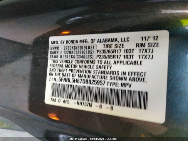 Photo 8 VIN: 5FNRL5H67DB025957 - HONDA ODYSSEY 