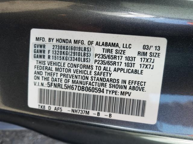 Photo 9 VIN: 5FNRL5H67DB060594 - HONDA ODYSSEY EX 