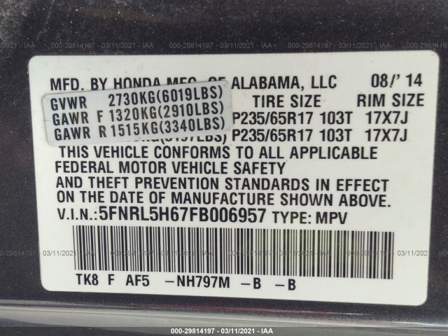 Photo 8 VIN: 5FNRL5H67FB006957 - HONDA ODYSSEY 