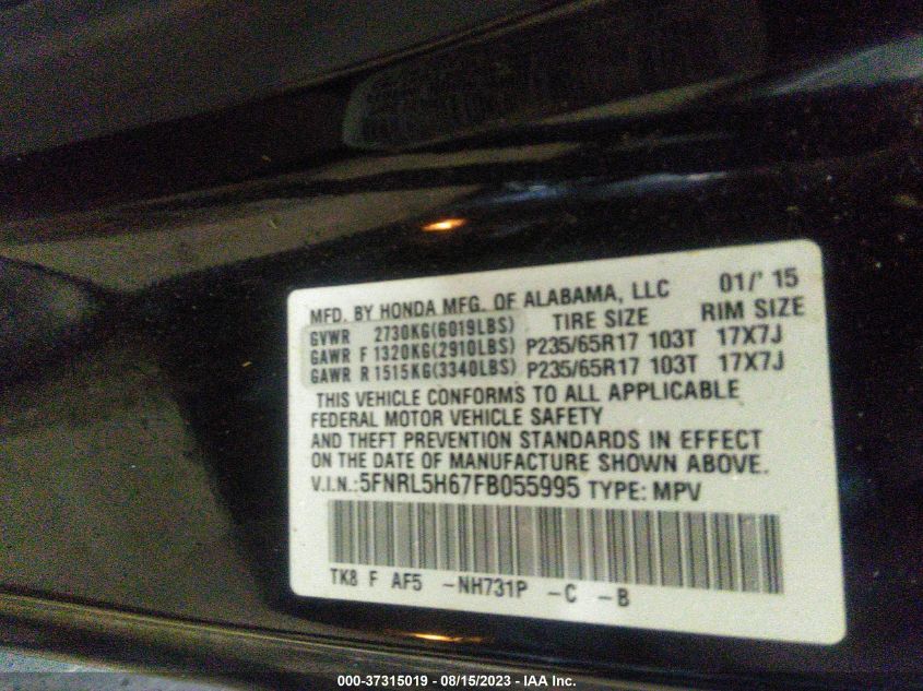 Photo 8 VIN: 5FNRL5H67FB055995 - HONDA ODYSSEY 