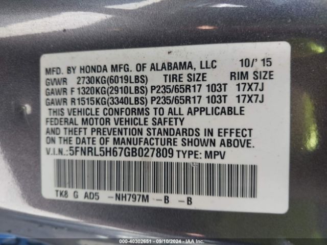 Photo 8 VIN: 5FNRL5H67GB027809 - HONDA ODYSSEY 