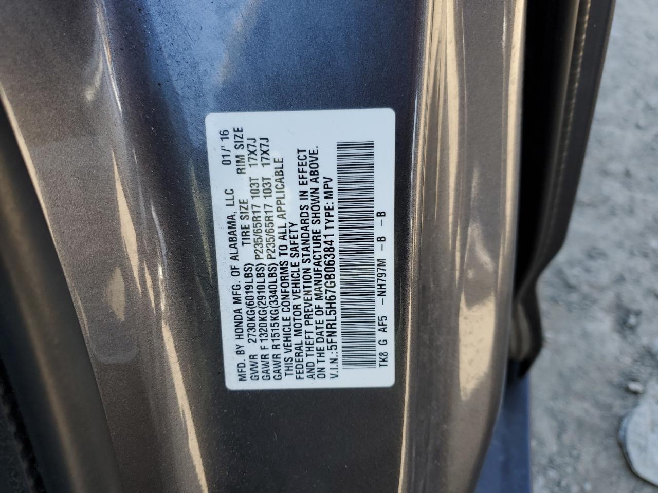 Photo 11 VIN: 5FNRL5H67GB063841 - HONDA ODYSSEY 