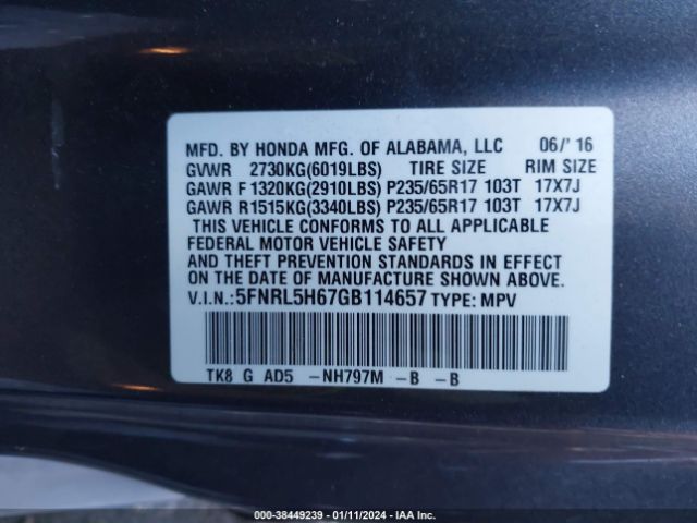 Photo 8 VIN: 5FNRL5H67GB114657 - HONDA ODYSSEY 