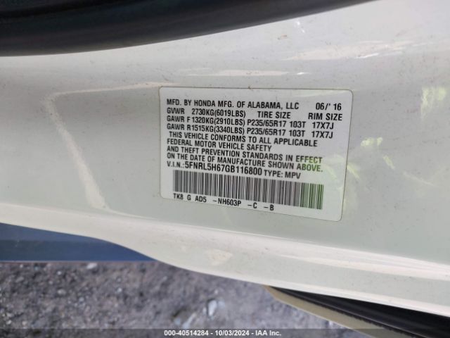 Photo 8 VIN: 5FNRL5H67GB116800 - HONDA ODYSSEY 