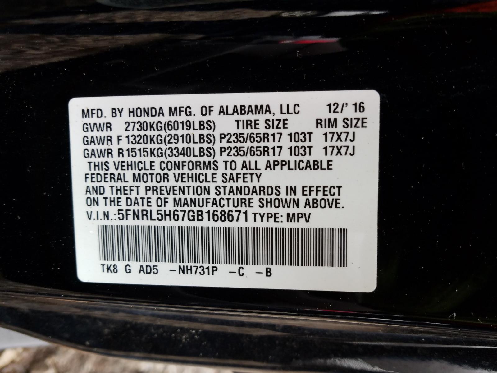 Photo 9 VIN: 5FNRL5H67GB168671 - HONDA ODYSSEY EX 