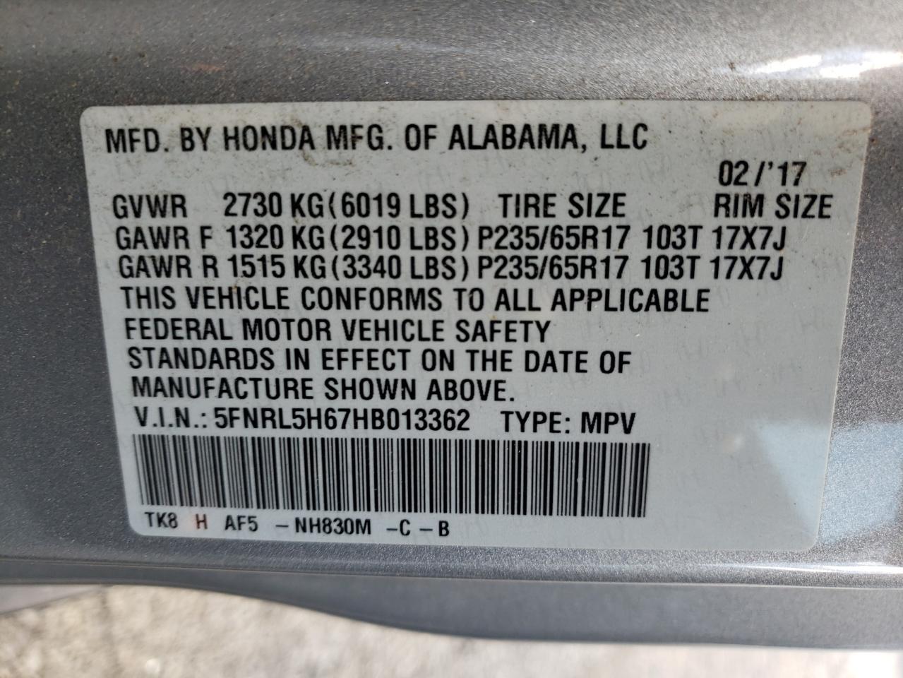 Photo 9 VIN: 5FNRL5H67HB013362 - HONDA ODYSSEY 