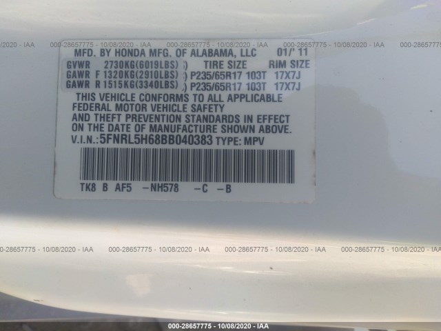 Photo 8 VIN: 5FNRL5H68BB040383 - HONDA ODYSSEY 