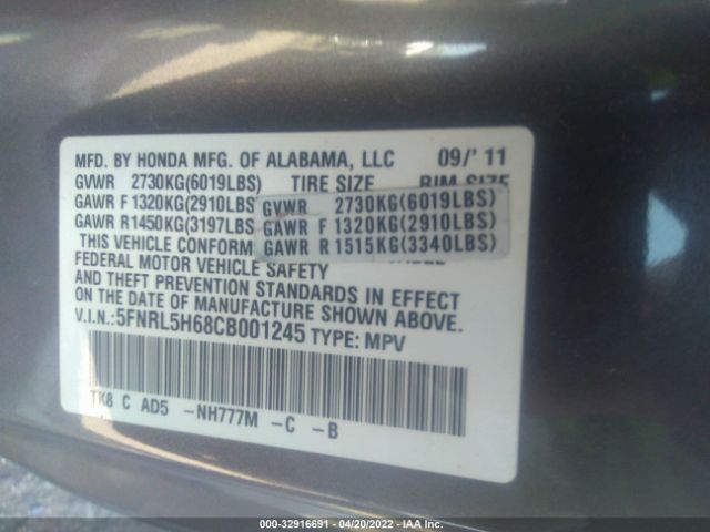 Photo 8 VIN: 5FNRL5H68CB001245 - HONDA ODYSSEY 