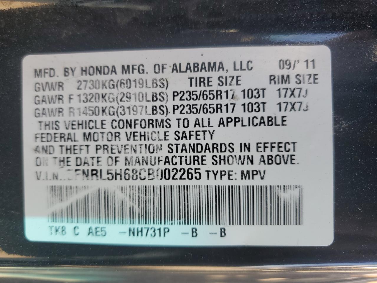 Photo 12 VIN: 5FNRL5H68CB002265 - HONDA ODYSSEY 