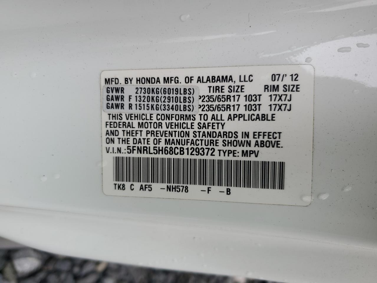 Photo 12 VIN: 5FNRL5H68CB129372 - HONDA ODYSSEY 