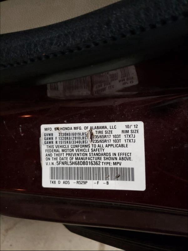 Photo 9 VIN: 5FNRL5H68DB016362 - HONDA ODYSSEY EX 