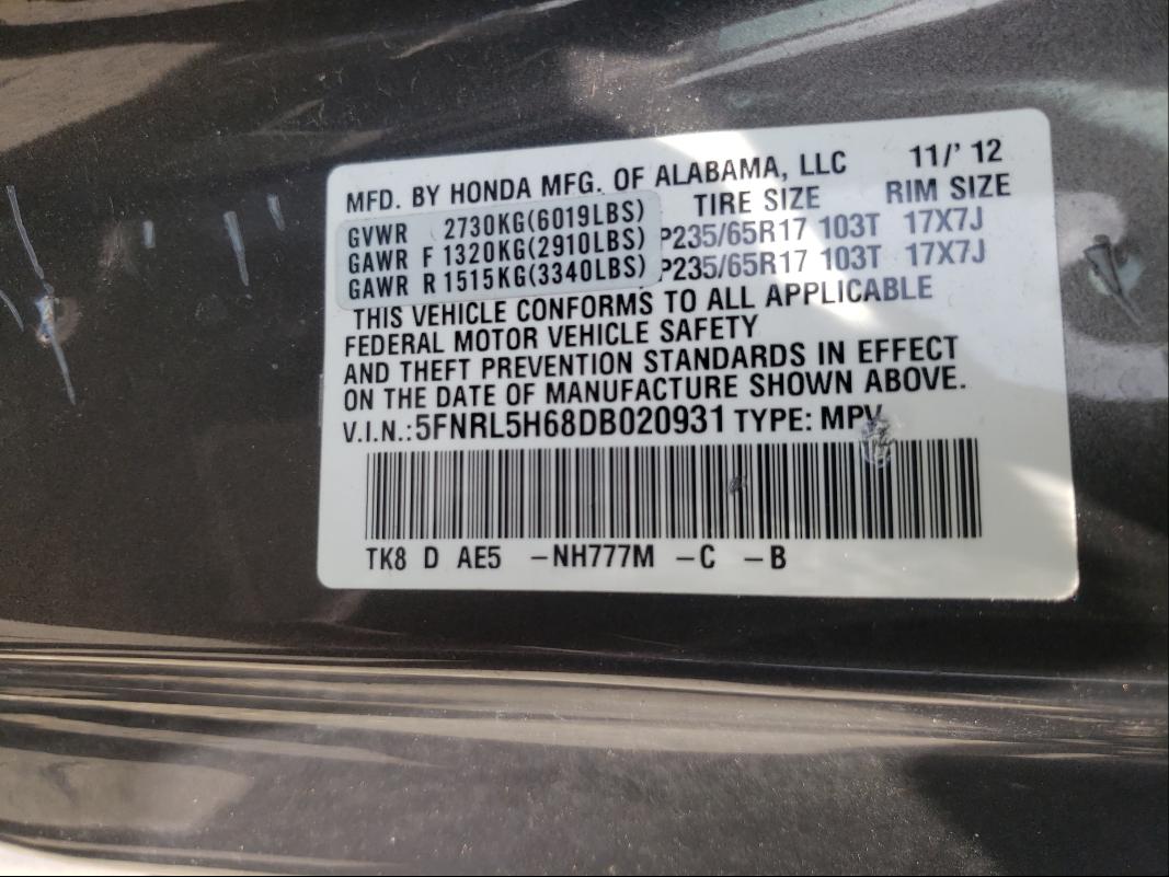 Photo 9 VIN: 5FNRL5H68DB020931 - HONDA ODYSSEY EX 