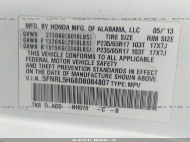 Photo 8 VIN: 5FNRL5H68DB084807 - HONDA ODYSSEY 