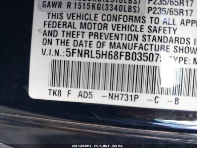 Photo 8 VIN: 5FNRL5H68FB035075 - HONDA ODYSSEY 