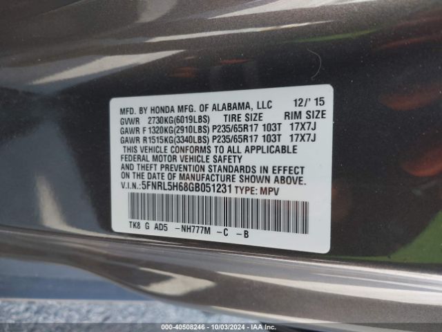 Photo 8 VIN: 5FNRL5H68GB051231 - HONDA ODYSSEY 