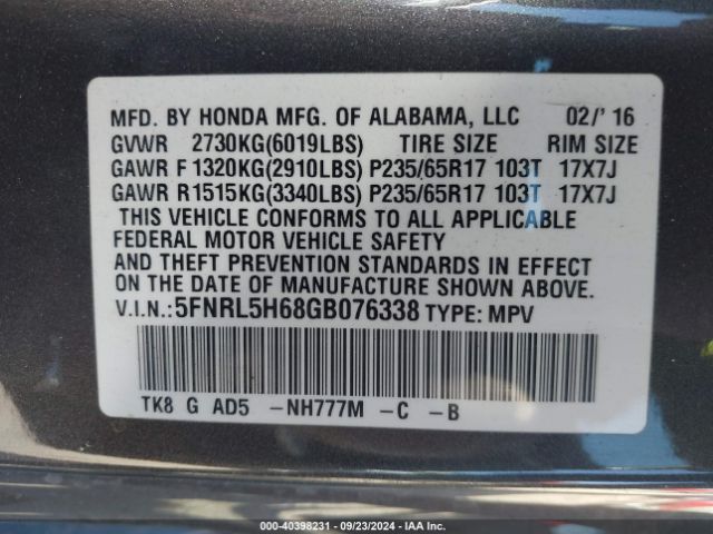 Photo 8 VIN: 5FNRL5H68GB076338 - HONDA ODYSSEY 