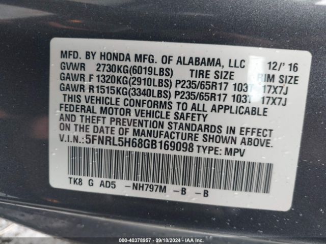 Photo 8 VIN: 5FNRL5H68GB169098 - HONDA ODYSSEY 