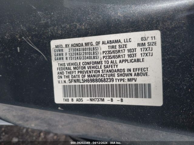 Photo 8 VIN: 5FNRL5H69BB068239 - HONDA ODYSSEY 