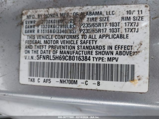 Photo 8 VIN: 5FNRL5H69CB016384 - HONDA ODYSSEY 